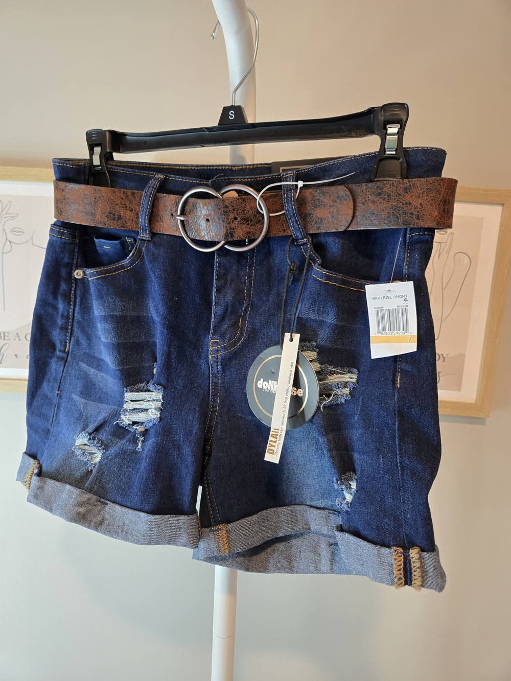 Dollhouse Dark Blue Distressed Denim Shorts with Brown Belt
